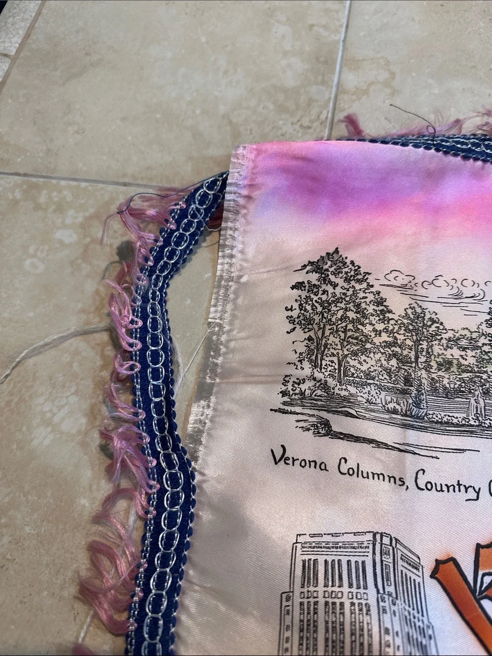 Vintage Scenic Souvenir Silk Scarves - Pink, Cream & Black Prints.